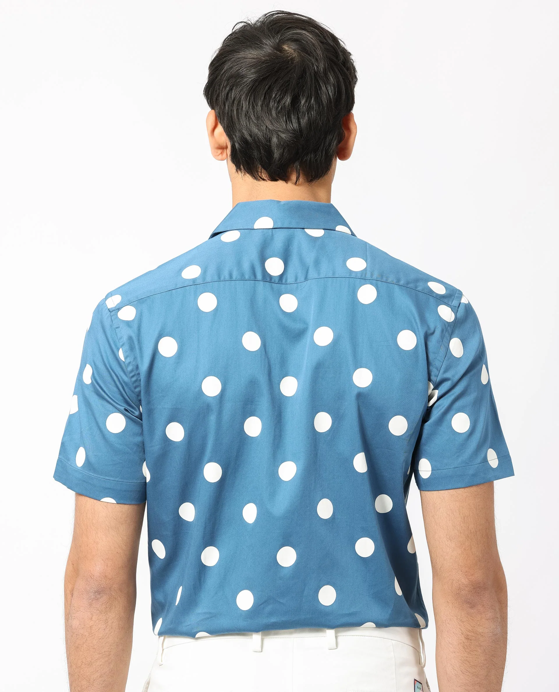 Rare Rabbit Men's Astel Blue Cotton Polka Print Tailored Fit Half Sleeve Cuban Collar Shirt - Image 8
